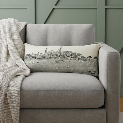 14" X 35" Dark Gray And White Charleston Nighttime Skyline Lumbar Decorative Pillow HomeRoots
