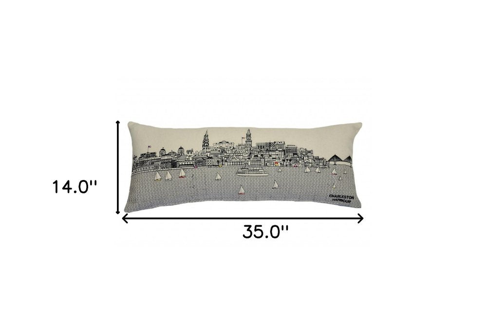 14" X 35" Dark Gray And White Charleston Nighttime Skyline Lumbar Decorative Pillow HomeRoots