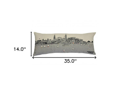 14" X 35" Dark Gray And White Charleston Nighttime Skyline Lumbar Decorative Pillow HomeRoots
