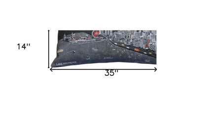 14" X 35" Dark Gray And White Chicago Nighttime Skyline Lumbar Decorative Pillow HomeRoots