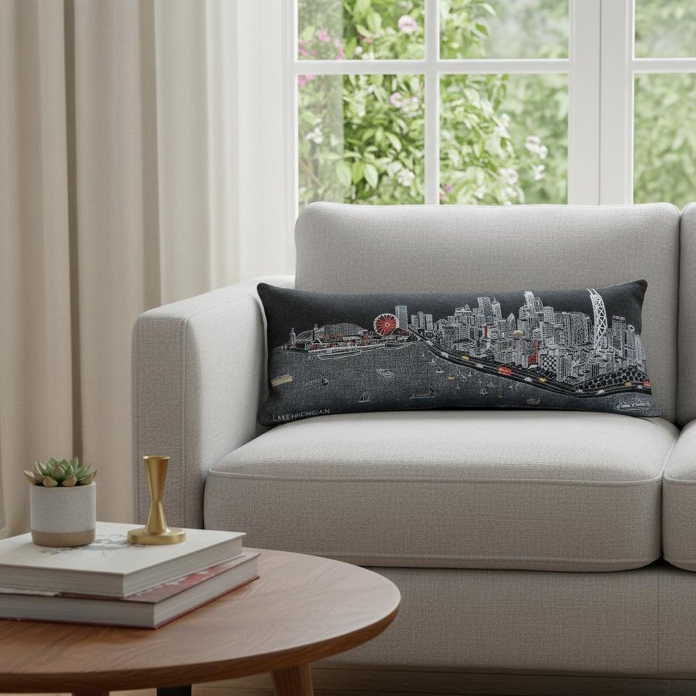 14" X 35" Dark Gray And White Chicago Nighttime Skyline Lumbar Decorative Pillow — view 1
