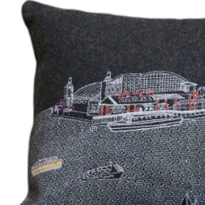14" X 35" Dark Gray And White Chicago Nighttime Skyline Lumbar Decorative Pillow HomeRoots