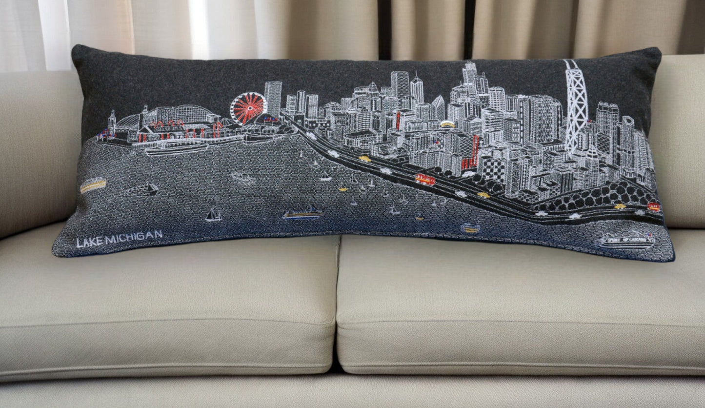 35" Black Chicago Nighttime Skyline Lumbar Decorative Pillow FurniFindUSA