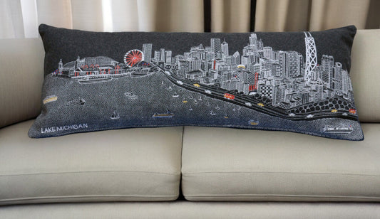 35" Black Chicago Nighttime Skyline Lumbar Decorative Pillow FurniFindUSA