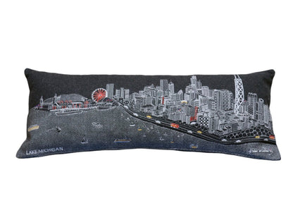 14" X 35" Dark Gray And White Chicago Nighttime Skyline Lumbar Decorative Pillow HomeRoots