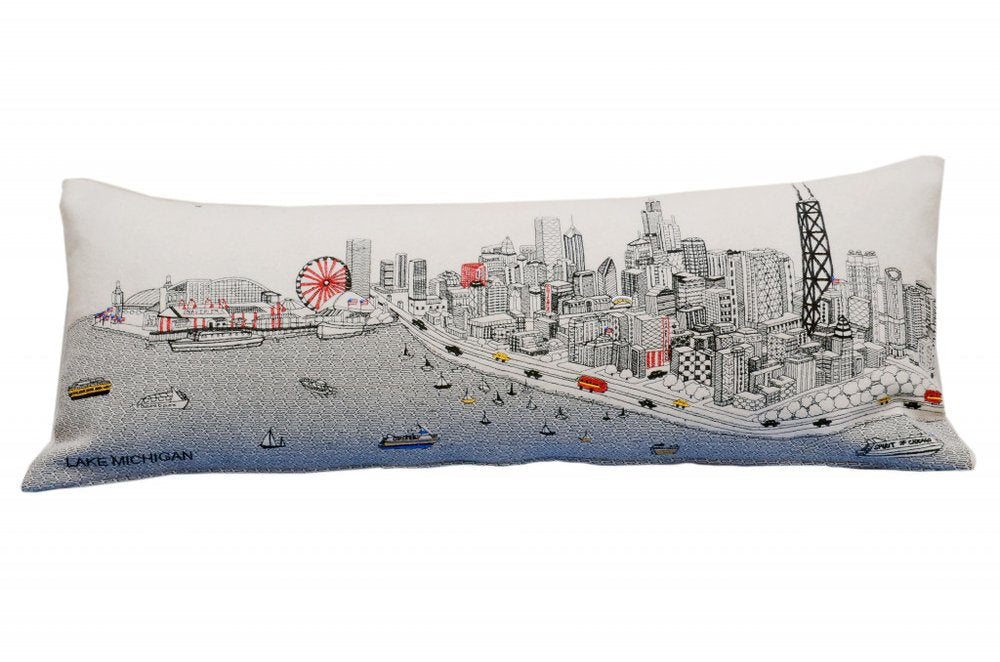 14" X 35" Dark Gray And White Chicago Nighttime Skyline Lumbar Decorative Pillow HomeRoots