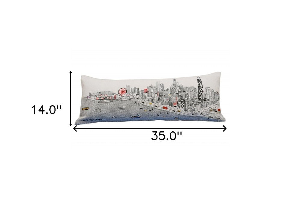 14" X 35" Dark Gray And White Chicago Nighttime Skyline Lumbar Decorative Pillow HomeRoots
