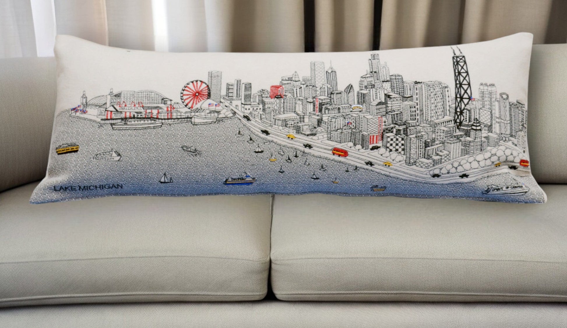 35" White Chicago Daylight Skyline Lumbar Decorative Pillow FurniFindUSA
