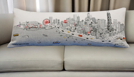 35" White Chicago Daylight Skyline Lumbar Decorative Pillow FurniFindUSA