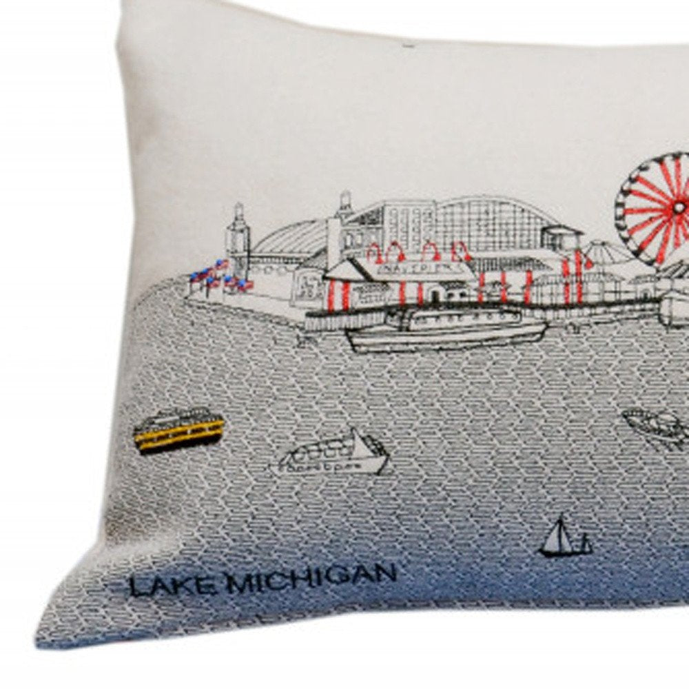 14" X 35" Dark Gray And White Chicago Nighttime Skyline Lumbar Decorative Pillow — view 7