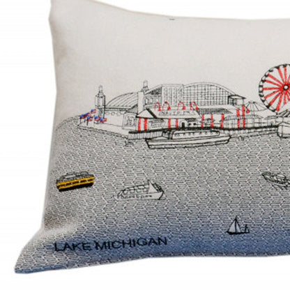 14" X 35" Dark Gray And White Chicago Nighttime Skyline Lumbar Decorative Pillow HomeRoots