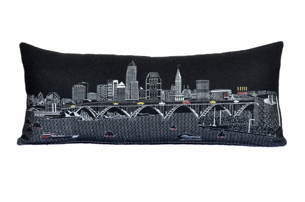 14" X 35" Dark Gray And White Cleveland Nighttime Skyline Lumbar Decorative Pillow — view 2