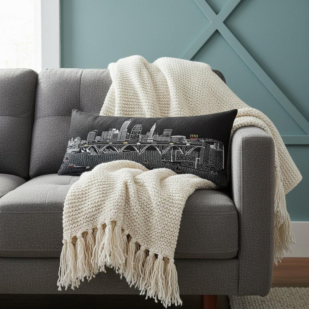 14" X 35" Dark Gray And White Cleveland Nighttime Skyline Lumbar Decorative Pillow — view 1