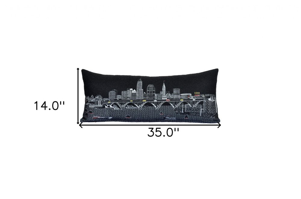 14" X 35" Dark Gray And White Cleveland Nighttime Skyline Lumbar Decorative Pillow — view 4