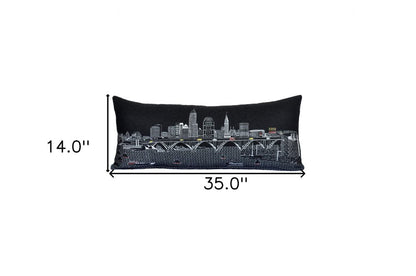 14" X 35" Dark Gray And White Cleveland Nighttime Skyline Lumbar Decorative Pillow HomeRoots