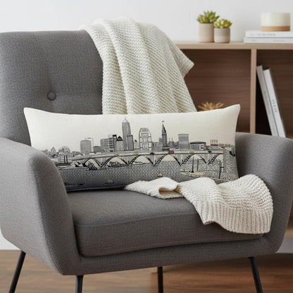 14" X 35" Dark Gray And White Cleveland Nighttime Skyline Lumbar Decorative Pillow HomeRoots