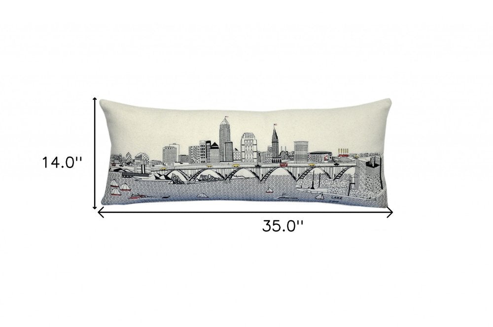 14" X 35" Dark Gray And White Cleveland Nighttime Skyline Lumbar Decorative Pillow HomeRoots