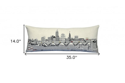 14" X 35" Dark Gray And White Cleveland Nighttime Skyline Lumbar Decorative Pillow HomeRoots
