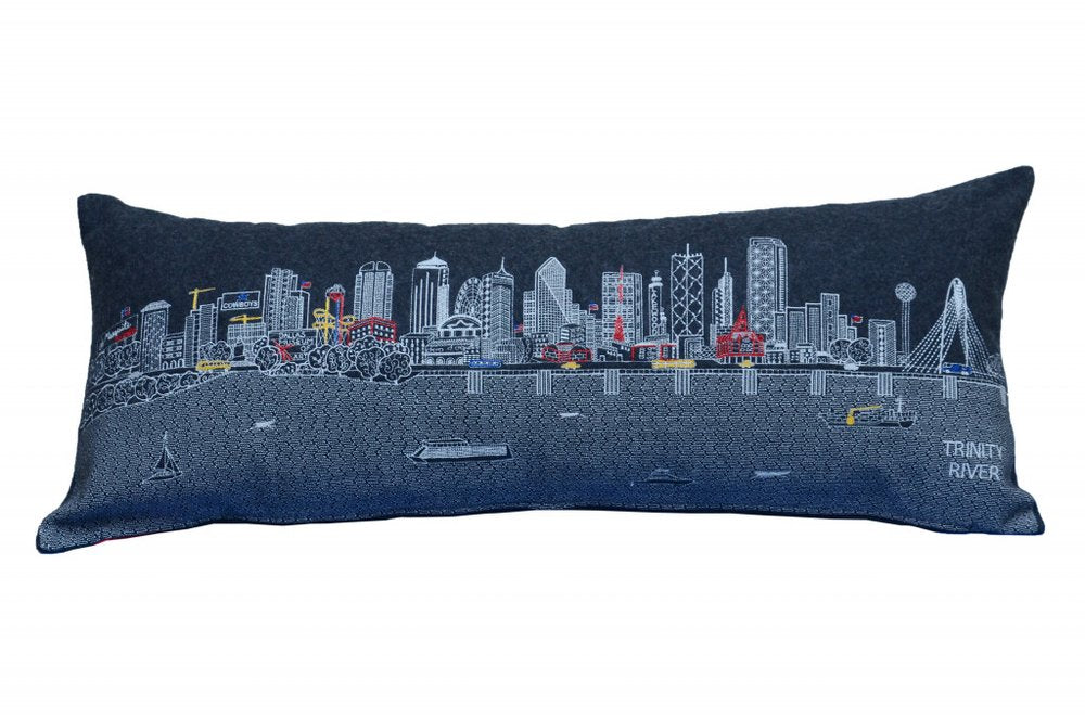 14" X 35" Dark Gray And White Dallas Nighttime Skyline Lumbar Decorative Pillow HomeRoots