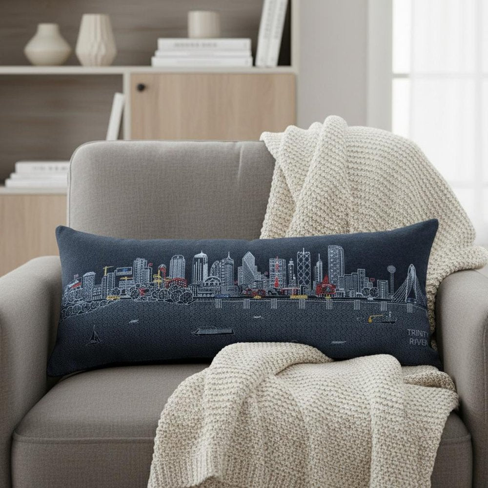14" X 35" Dark Gray And White Dallas Nighttime Skyline Lumbar Decorative Pillow HomeRoots