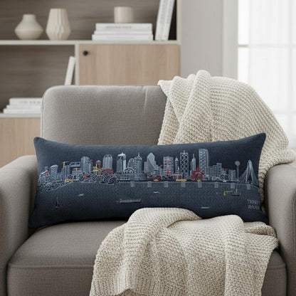14" X 35" Dark Gray And White Dallas Nighttime Skyline Lumbar Decorative Pillow HomeRoots