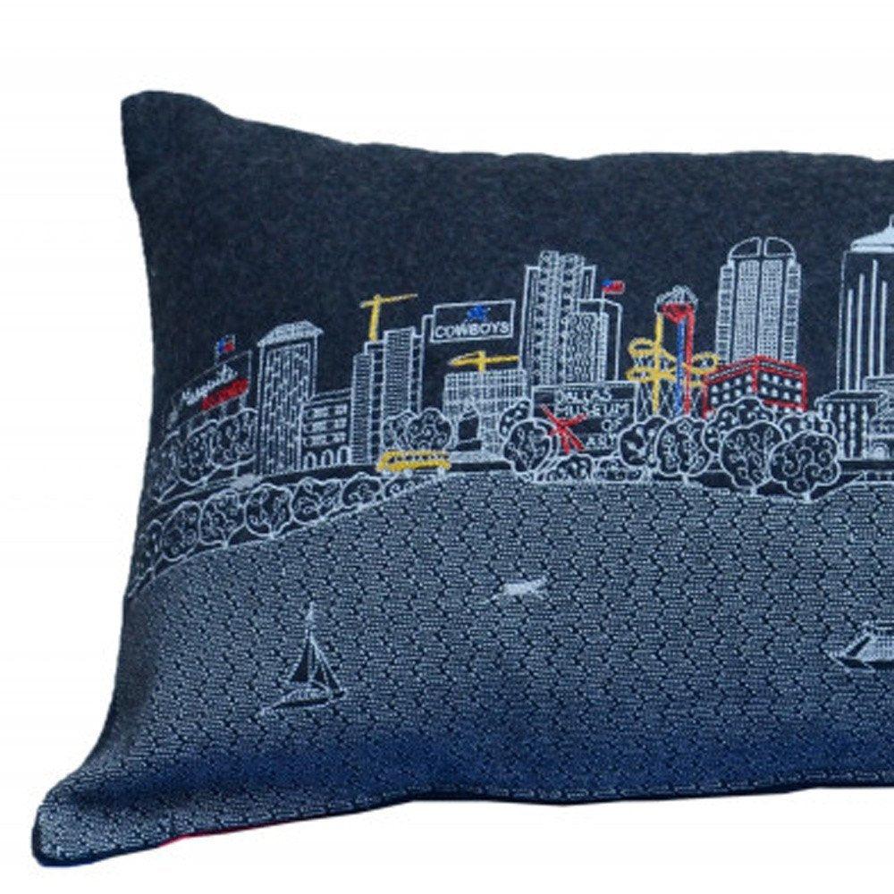 14" X 35" Dark Gray And White Dallas Nighttime Skyline Lumbar Decorative Pillow HomeRoots