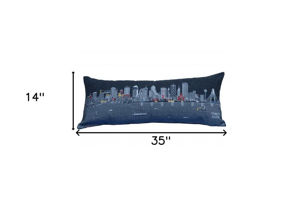 14" X 35" Dark Gray And White Dallas Nighttime Skyline Lumbar Decorative Pillow — view 5