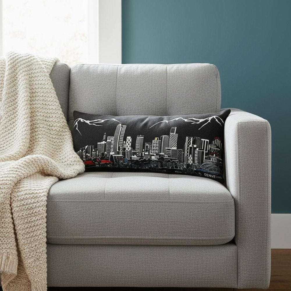 14" X 35" Dark Gray And White Denver Nighttime Skyline Lumbar Decorative Pillow HomeRoots