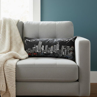 14" X 35" Dark Gray And White Denver Nighttime Skyline Lumbar Decorative Pillow HomeRoots