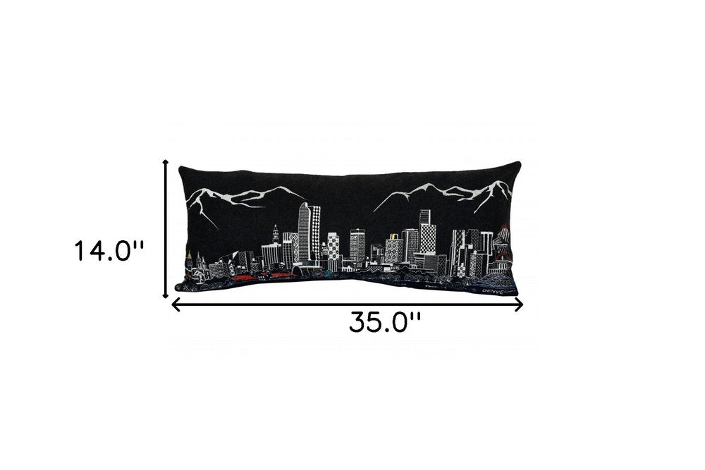 14" X 35" Dark Gray And White Denver Nighttime Skyline Lumbar Decorative Pillow HomeRoots