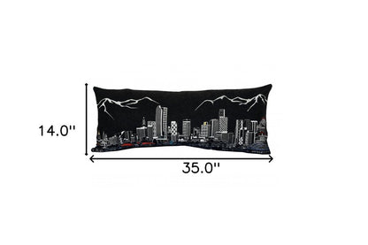 14" X 35" Dark Gray And White Denver Nighttime Skyline Lumbar Decorative Pillow HomeRoots