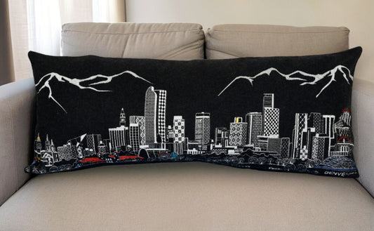 35" Black Denver Nighttime Skyline Lumbar Decorative Pillow FurniFindUSA