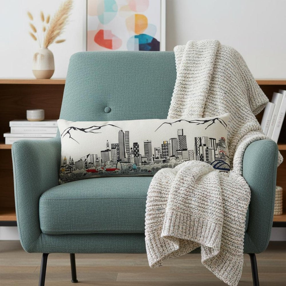 14" X 35" Dark Gray And White Denver Nighttime Skyline Lumbar Decorative Pillow HomeRoots