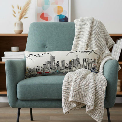 14" X 35" Dark Gray And White Denver Nighttime Skyline Lumbar Decorative Pillow HomeRoots