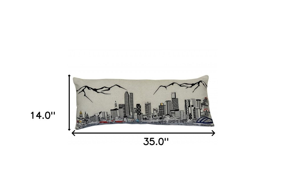 14" X 35" Dark Gray And White Denver Nighttime Skyline Lumbar Decorative Pillow HomeRoots