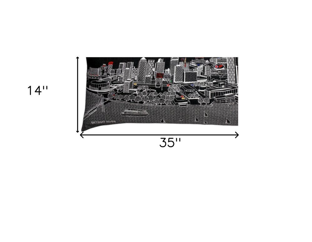 14" X 35" Dark Gray And White Detroit Nighttime Skyline Lumbar Decorative Pillow HomeRoots
