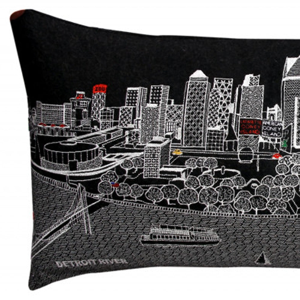 35" Black Detroit Nighttime Skyline Lumbar Decorative Pillow FurniFindUSA