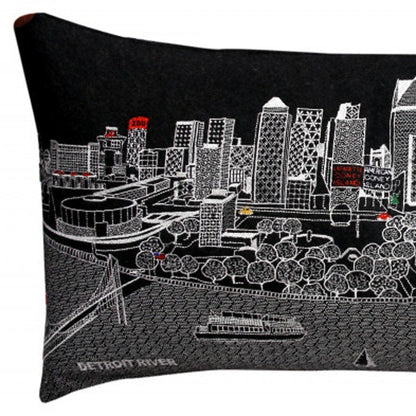 14" X 35" Dark Gray And White Detroit Nighttime Skyline Lumbar Decorative Pillow HomeRoots
