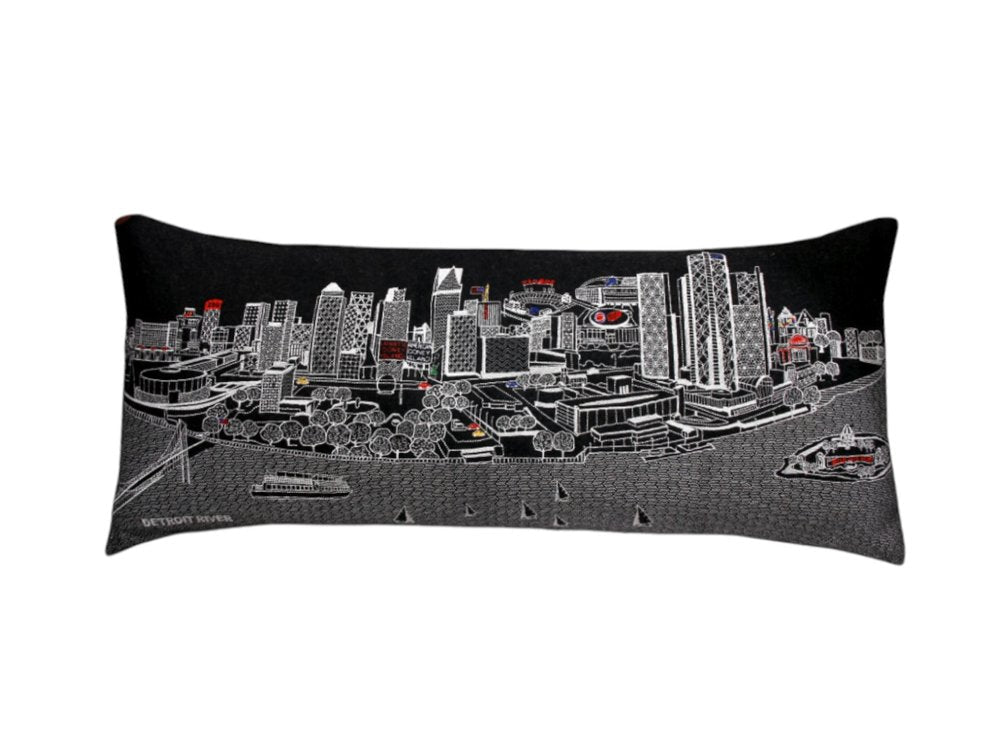 14" X 35" Dark Gray And White Detroit Nighttime Skyline Lumbar Decorative Pillow — view 3