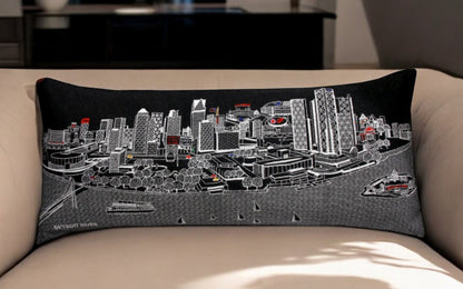 35" Black Detroit Nighttime Skyline Lumbar Decorative Pillow FurniFindUSA