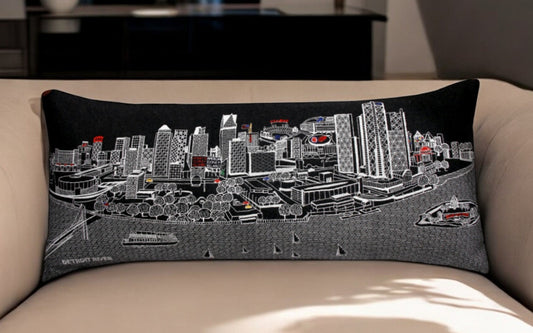 35" Black Detroit Nighttime Skyline Lumbar Decorative Pillow FurniFindUSA