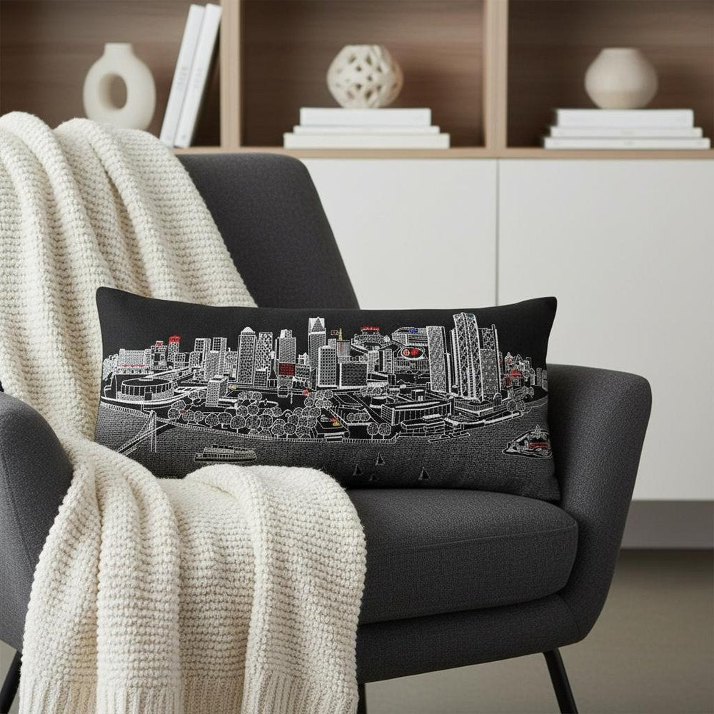 14" X 35" Dark Gray And White Detroit Nighttime Skyline Lumbar Decorative Pillow HomeRoots