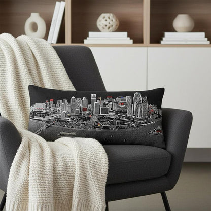 14" X 35" Dark Gray And White Detroit Nighttime Skyline Lumbar Decorative Pillow HomeRoots