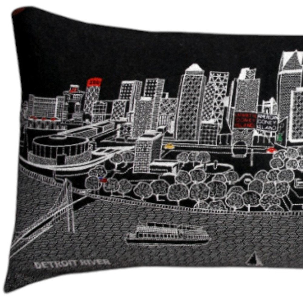 14" X 35" Dark Gray And White Detroit Nighttime Skyline Lumbar Decorative Pillow HomeRoots
