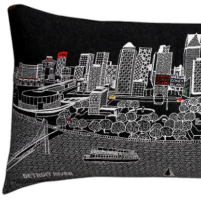 14" X 35" Dark Gray And White Detroit Nighttime Skyline Lumbar Decorative Pillow HomeRoots