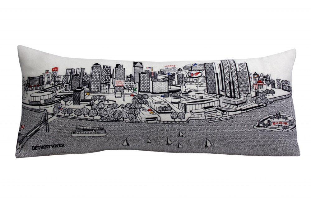 14" X 35" Dark Gray And White Detroit Nighttime Skyline Lumbar Decorative Pillow HomeRoots