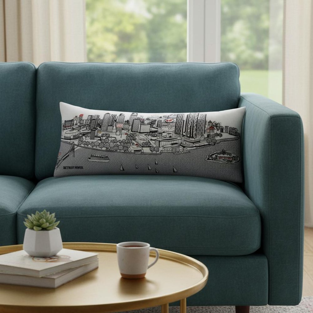 14" X 35" Dark Gray And White Detroit Nighttime Skyline Lumbar Decorative Pillow HomeRoots
