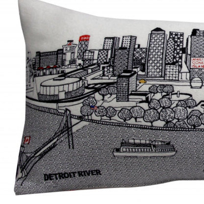14" X 35" Dark Gray And White Detroit Nighttime Skyline Lumbar Decorative Pillow HomeRoots