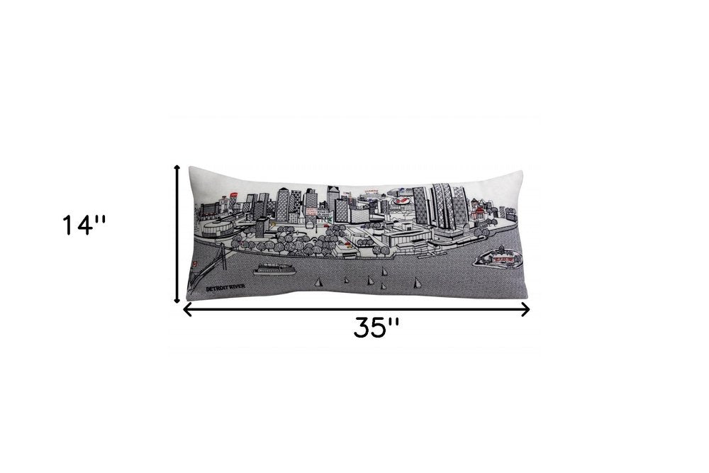 14" X 35" Dark Gray And White Detroit Nighttime Skyline Lumbar Decorative Pillow — view 8