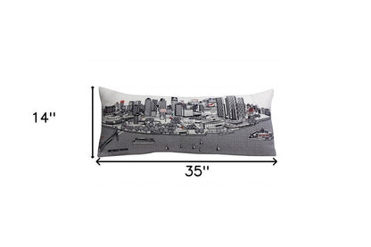 14" X 35" Dark Gray And White Detroit Nighttime Skyline Lumbar Decorative Pillow HomeRoots